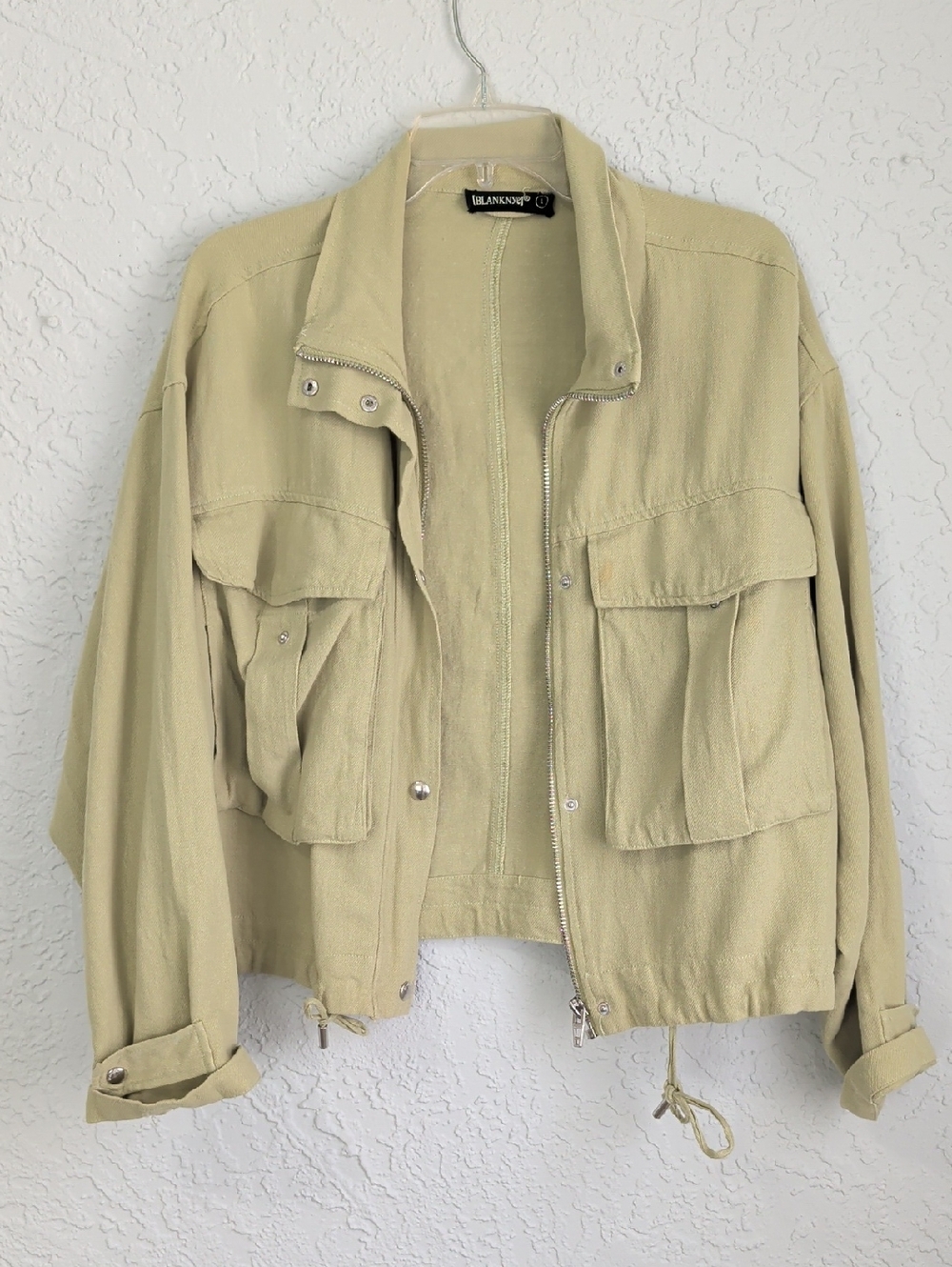 Blank NYC Pale Green Oversize Crop Linen Blend Jacket | Size L